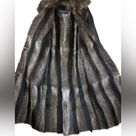Revillon Saks 5th Avenue Brown Leather Lined By Racoon Fur Full Length Coat M-L - Picture 13 of 13
